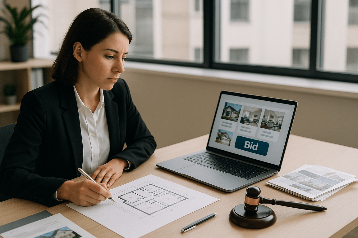 Personne en tenue professionnelle dans un bureau, étudiant des plans immobiliers avec un ordinateur portable affichant une plateforme d’enchères, un marteau d’enchère et des documents sur la table, illustrant le guide des enchères immobilières pour débutants.