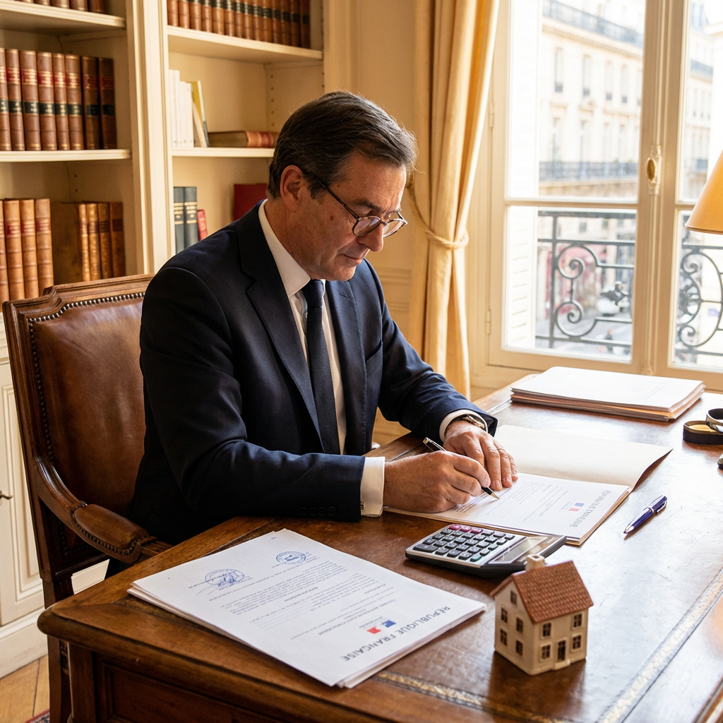 notaire en train d'examiner des documents officiels dans un office notarial