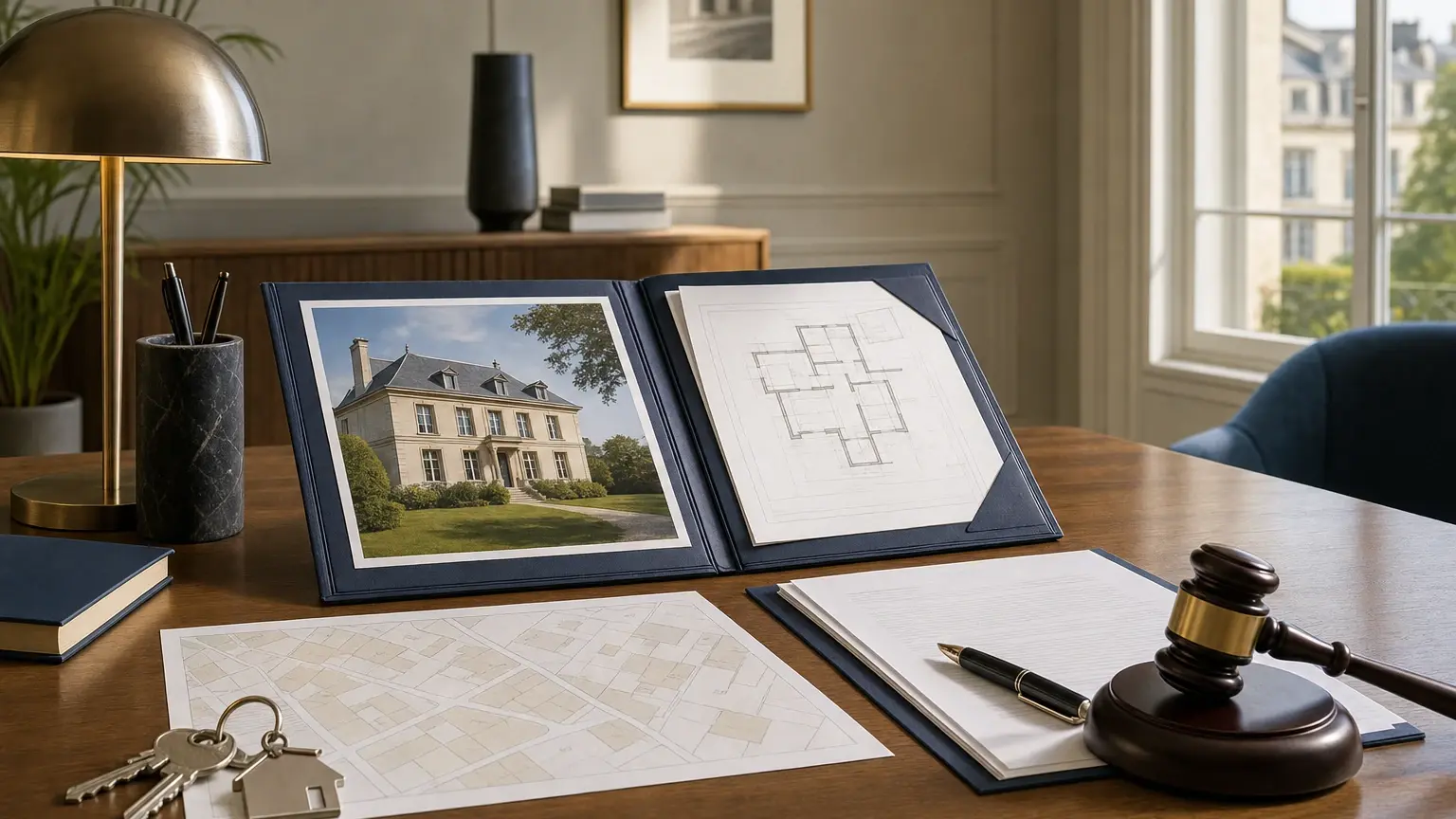 Documents immobiliers et marteau symbolisant la comparaison entre adjudication et compromis de vente