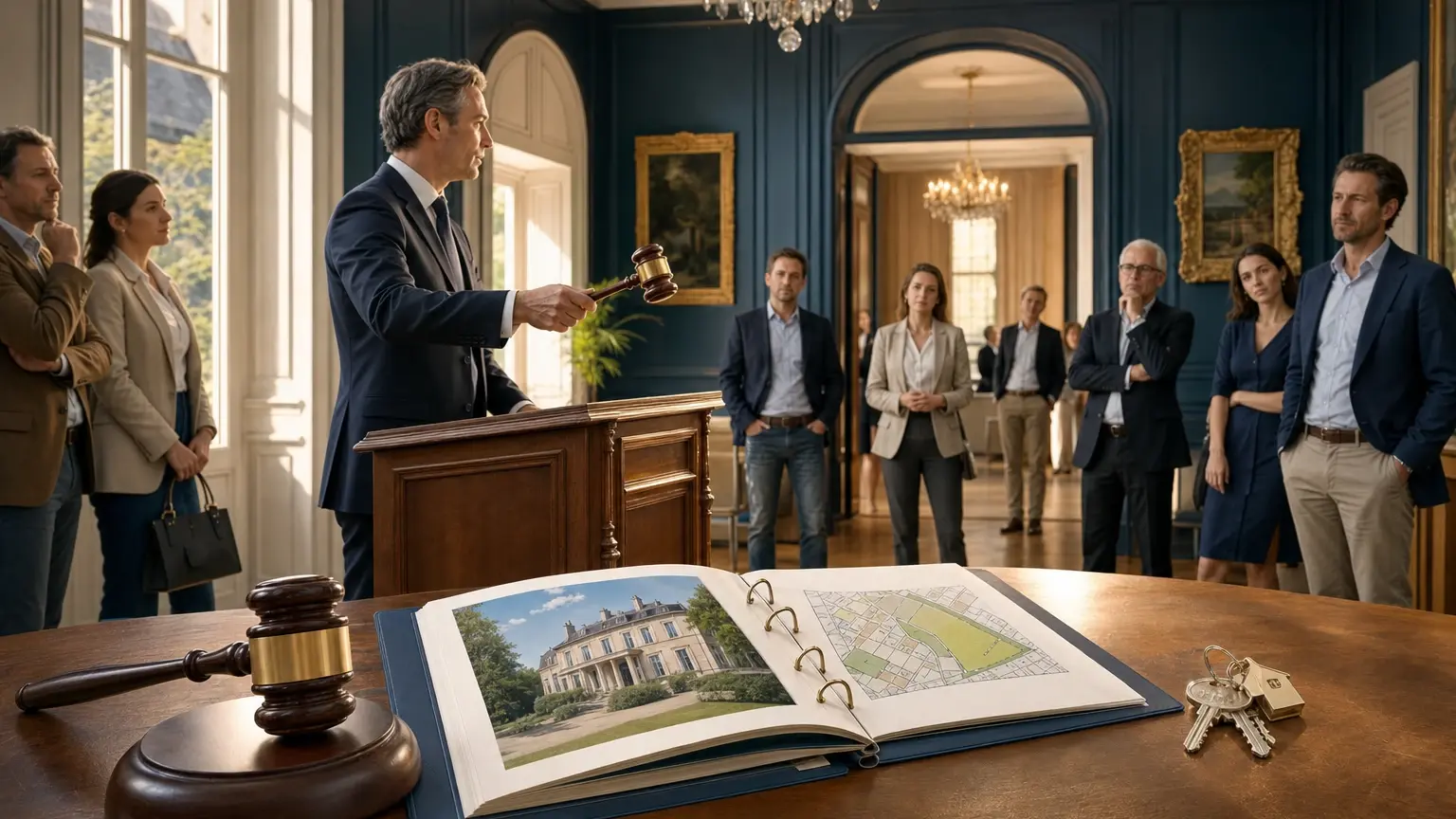 Droit de préemption et vente aux enchères : quelles conséquences ? Dossier de vente immobilière aux enchères avec marteau d’adjudication et documents cadastraux